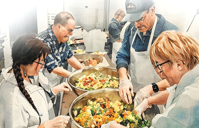 Group of people prepare vegetables in large bowls