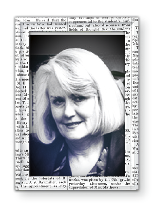 Headshot of Barbara Hammond superimposed on old newspaper story