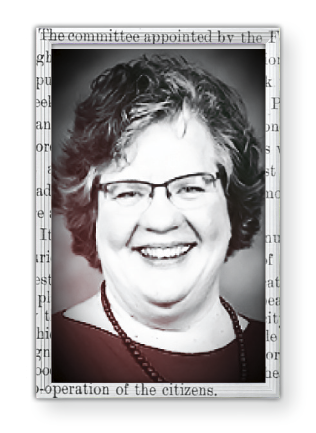 Headshot of Julia Pomerenk superimposed on old newspaper story