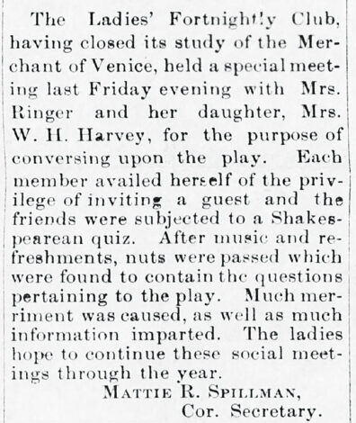 An 1894 newspaper clipping describing a meeting of Pullman's Fortnightly Club