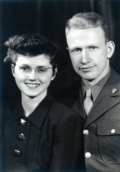 Black and white photo of young Luana and Buel Sever, Buel in his military uniform
