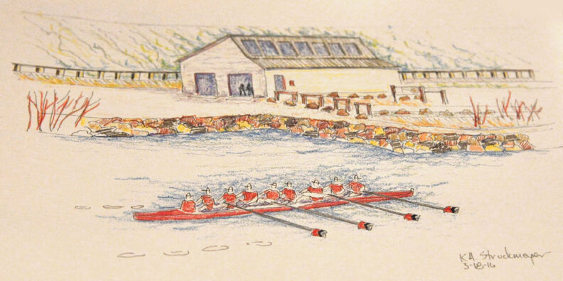 Sketch of crew rowers on a river with a boathouse in the background