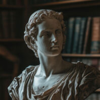 Marble bust of a woman in a library