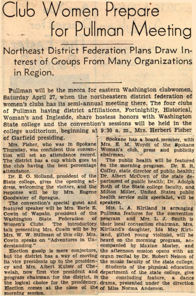 Newspaper clipping of Washington State Federation of Women’s Clubs northeastern district meeting, April 14, 1935 at WSC