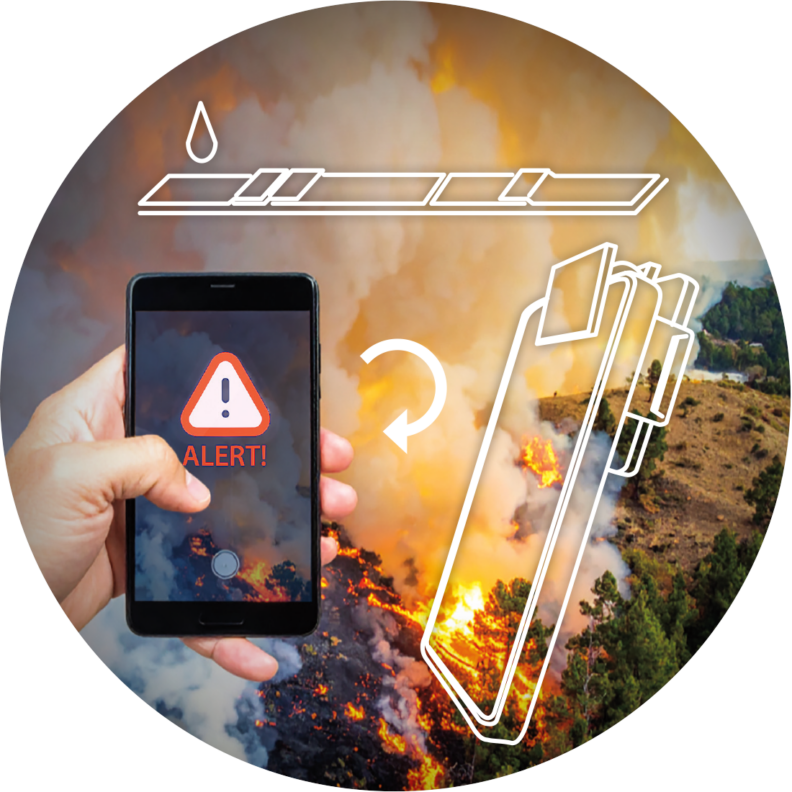 Paper assay for measuring smoke biomarkers in urine; 3-D-printed attachment magnifies image on cellphone camera; app quantifies benzene metabolite levels. Photo of hand holding cellphone with wildfire raging in background.