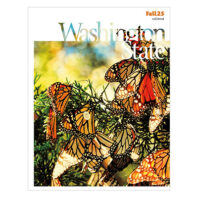 Cover of Fall25 issue of Washington State Magazine with a group of monarch butterflies, one of them tagged for tracking