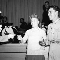 Black and white photo of a dance at Hanford during World War II
