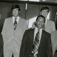 Black and white photo of Washington State University basketball coaches in 1972