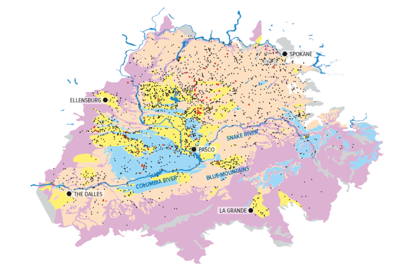 Color coded map of the Columbia Plateau Regional Aquifer System with wells marked with a dot, cities, and rivers