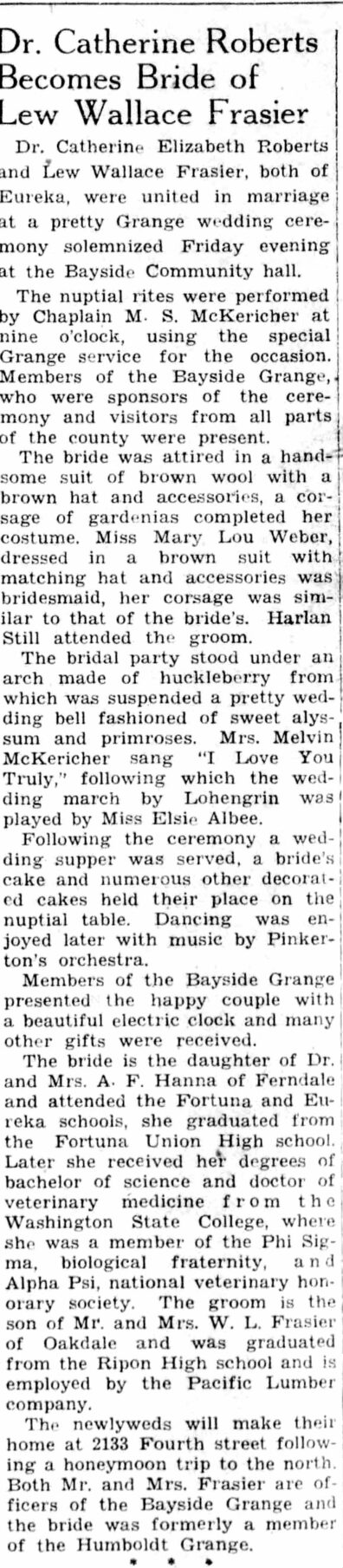 newspaper clipping of “Dr. Catherine Roberts becomes bride of Lew Wallace Frasier”
