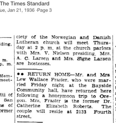 1936 Honeymoon listing in newspaper