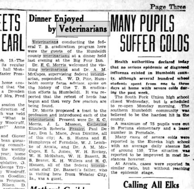 newspaper clipping of Veterinarians conducting the federal TB eradication program dinner