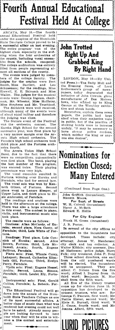 newspaper clipping of Catherine Elizabeth Gill winning second prize in the Educational Festival piano competition at Humboldt State Teachers College