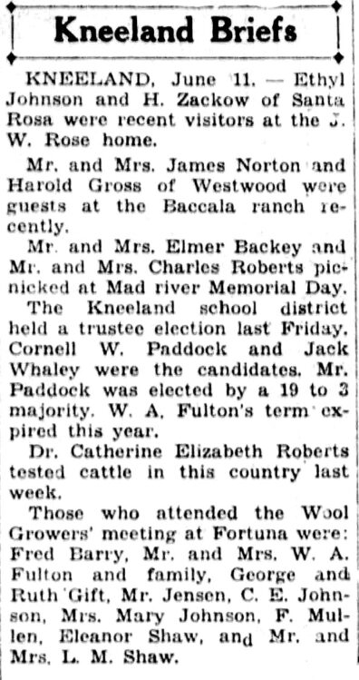 newspaper clipping about her cattle testing in Kneeland