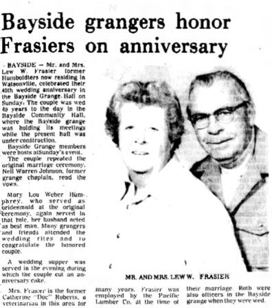 newspaper clipping — Bayside Grange honor Frasiers on 40th wedding anniversary