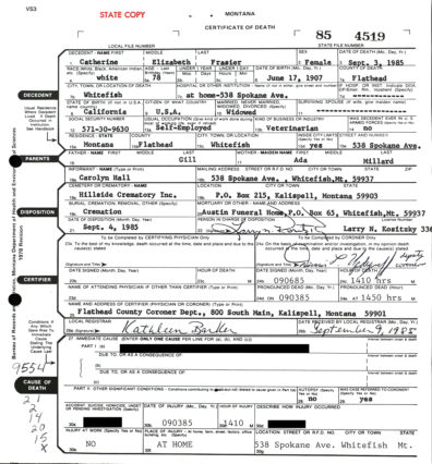 Catherine Elizabeth Roberts Gill Frasier death certificate