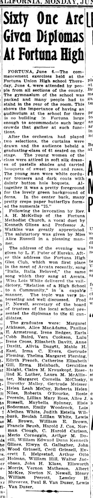 newspaper clipping of Fortuna High School list of graduates