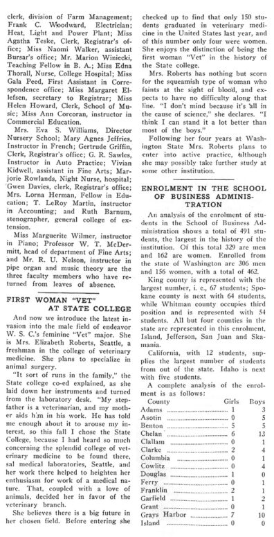 11/1929 - “First Woman ‘Vet’ at State College” article in The Alumnus