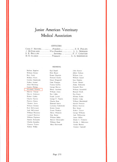 “Elizabeth Roberts” listing in the Junior American Veterinary Medical Association list in the Chinook 1933