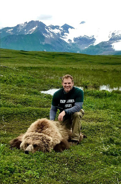 Man kneeling on tundra beside a sedated brown bear, with mountains and snow patches in the background