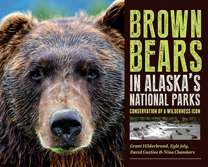 Book cover showing a close-up of a brown bear’s face next to the title ‘Brown Bears in Alaska’s National Parks.’