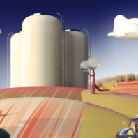 Illustrated farm landscape with rolling fields, grain silos, stylized trees, floating clouds, and a tractor driving across patterned farmland under a blue sky.