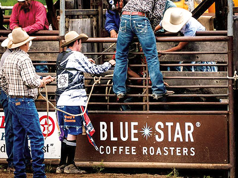 People in cowboy hats working around a rodeo chute with a sign reading ‘Blue Star Coffee Roasters.’