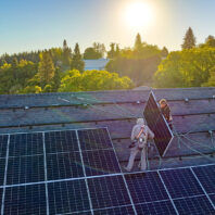 Workers installing solar panels on a sloped rooftop, with safety harnesses and trees visible in the background under a low sun.