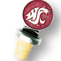 Close-up of a wine cork stopper with a red circular top displaying a white Cougar logo.