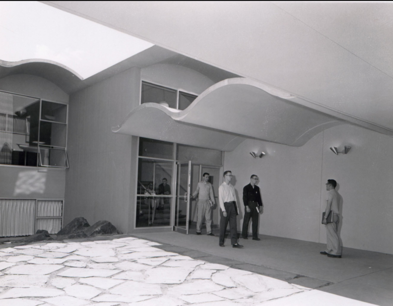 Entrance to KMac on the WSC campus in 1957, with students milling around