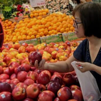 Person examining and selecting red apples at an indoor market display, holding a plastic bag while surrounded by piles of apples and oranges, with bright fruit stands and produce signage in the background.