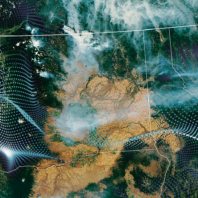 Satellite view of the Pacific Northwest showing wildfire smoke spreading across Washington, Oregon, and neighboring regions, overlaid with data visualization patterns representing atmospheric or weather analysis.