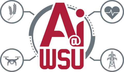 Graphic featuring the text 'Ai @ WSU' in crimson letters at the center, surrounded by icons representing agriculture, healthcare, drone technology, and energy infrastructure. The design illustrates the application of artificial intelligence across multiple research and industry fields at Washington State University.