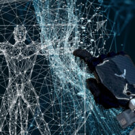 Digital illustration of a robotic hand reaching toward a wireframe human figure composed of interconnected points and lines, symbolizing artificial intelligence, robotics, and human-machine interaction.