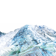 Three-dimensional computer model of a snow-covered mountain landscape, featuring a blue wireframe mesh overlay used to visualize terrain and snowpack data.