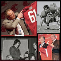 Scenes in a grid with man holding football jersey, man in football position, historic classroom, two older men holding a football jersey