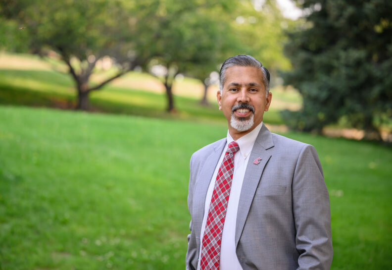 Portrait of a man in a gray suit and red patterned tie standing on a grassy lawn with trees and a park-like landscape in the background. A Washington State University Cougar logo pin is visible on the jacket lapel.
