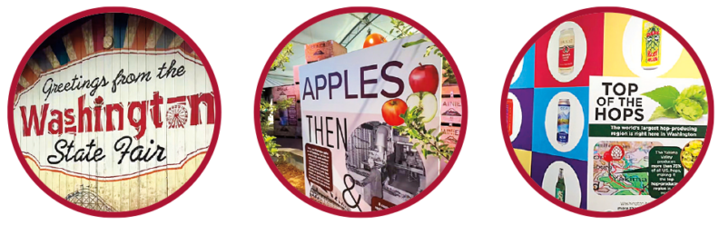 Three circular images highlighting Washington agriculture and industry: a Washington State Fair sign, an exhibit about apple production, and a display about hop farming and processing.