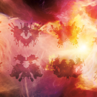 Orange and yellow clouds in an illustration resembling a Rorschach test