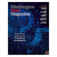 Cover of Washington State Magazine with a blue gear and light blue digital lines connecting it