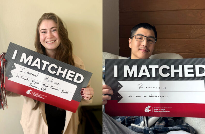 MD students Kasey Jackson and Matthew Hsin holding match day signs.