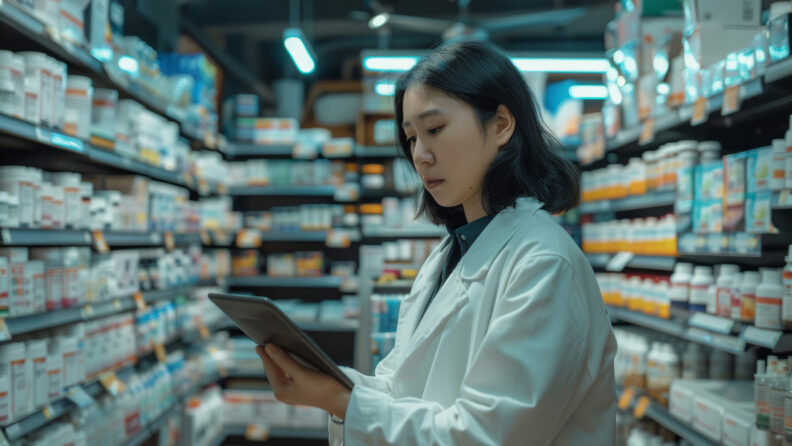 Pharmacist holding a tablet.