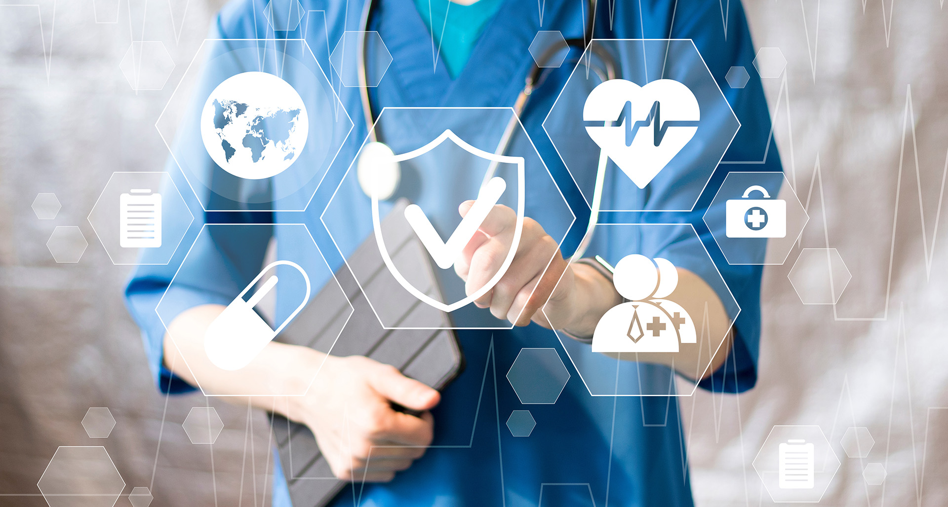 Doctor choosing from different virtual health care icons.