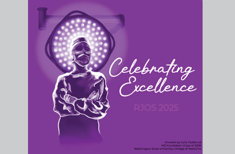 Illustration of doctor standing in front of a surgical light with the words Celebration Excellence RJOS 2025.