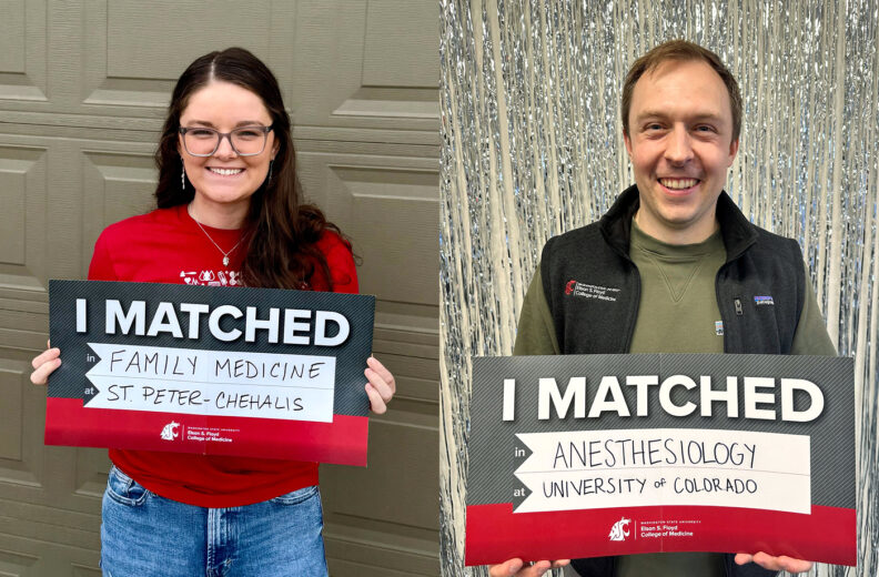 MD Student Ali Brandt and Ben Goodwin holding their matched day signs.