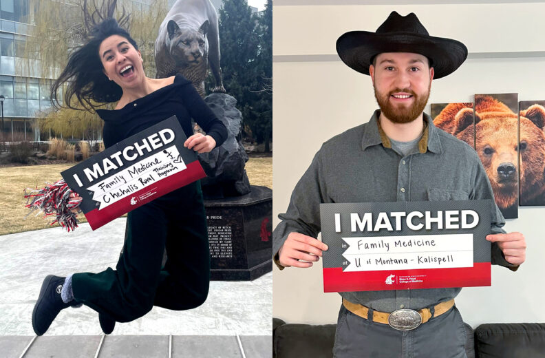 MD students Laura Lopez and Nicholas Radulovich holding match day signs.