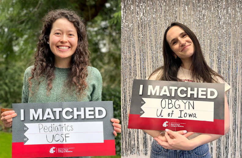 MD students Nicole Limberg and Margot Maraghe holding match day signs.