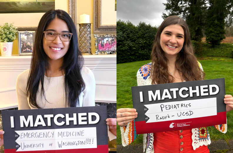 MD students Lisa Khairy and Piper Wright holding match day signs.