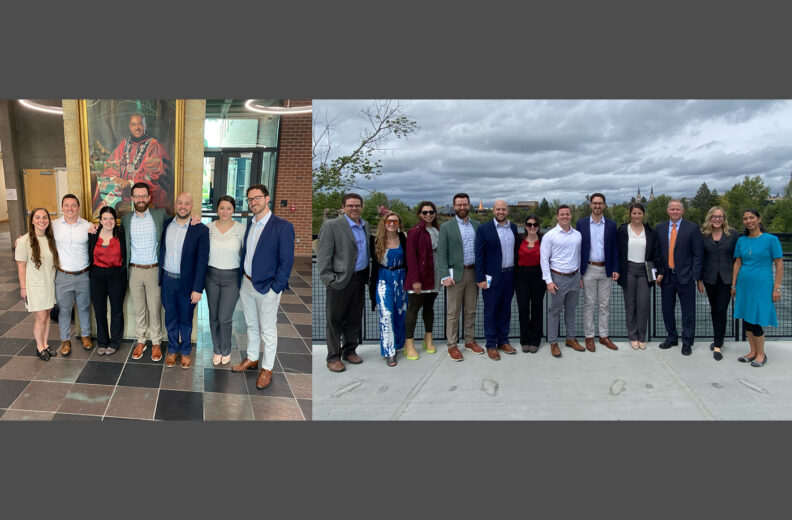 MD alumni with a portrait of college namesake Elson S. Floyd: Drs. Brooke Willborg, Tanner Wright, Carly Celebrezze, Nicholas Randall, Jackson King, Jasmin Birch, and Alexandre Vesselle. MD alumni with symposium speakers and guests at the Spokane River: Dr. Eric Anderson, otolaryngologist from Exeter, New Hampshire; Aliya Abdelhak, from Tacoma; Dr. Juliana Garcia, from Bremerton; six surgery alumni; Dr. Casey Isom, plastic surgeon from Logan, Utah; Dr. Caroline Behler, oncologist from San Francisco, California; and Dr. Anjali Kumar, colorectal surgeon from Richland and WSU vice chair for surgery.