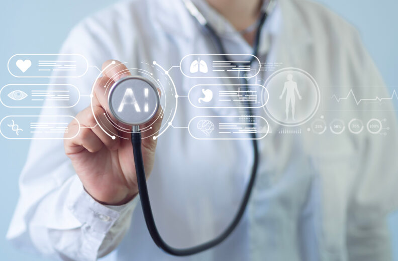 A doctor holding a stethoscope that is label with AI.